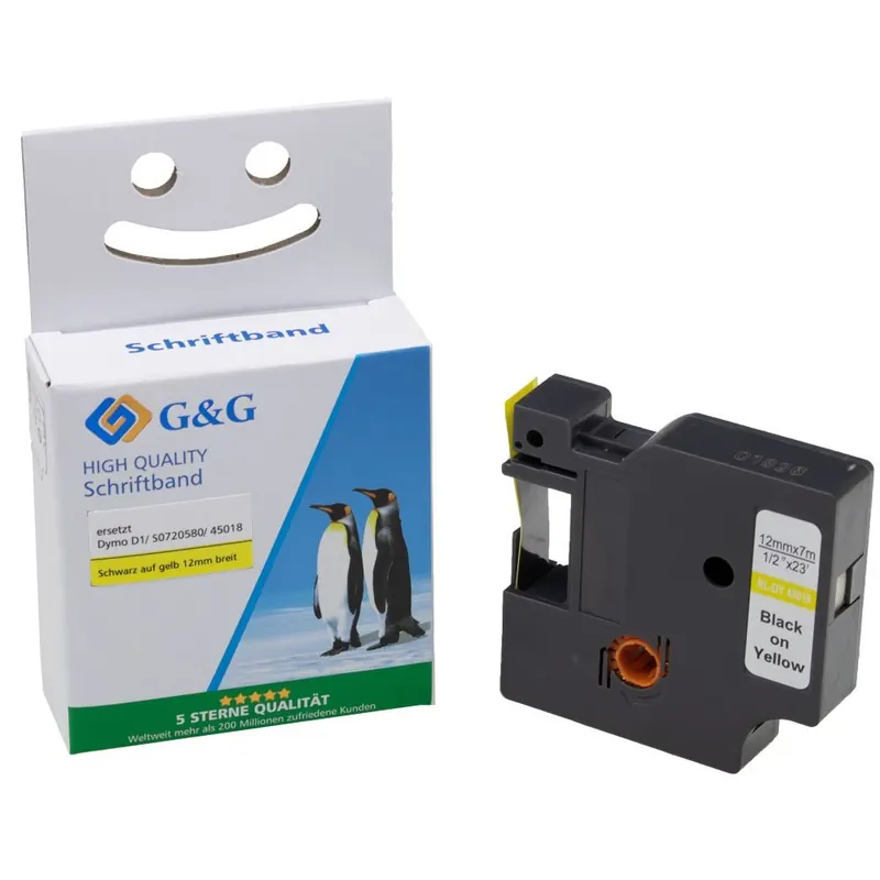 G&G Schriftband kompatibel mit Dymo D1/ 45018/ S0720580 (12mm x 7m) schwarz auf gelb