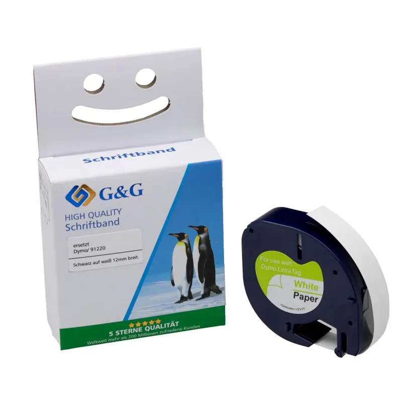 G&G Schriftband kompatibel mit Dymo D1/ 91220/ S0721520 (12mm x 4m) schwarz auf weiß PAPIER