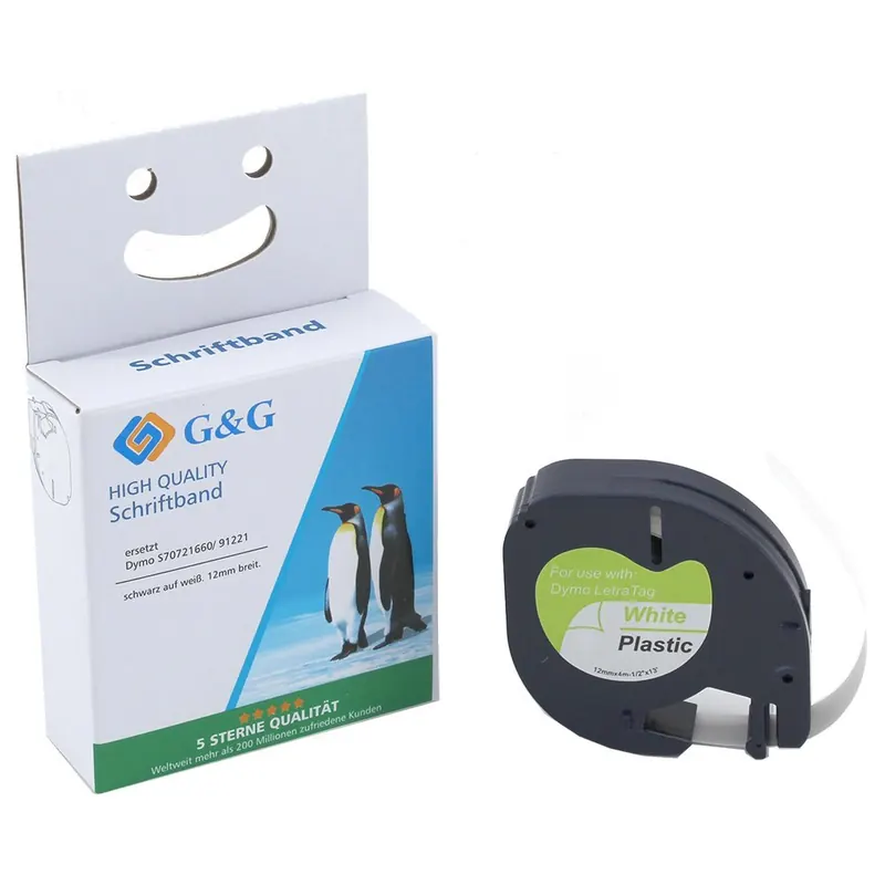G&G Schriftband kompatibel mit Dymo D1 91221 - S0721660 (12mm x4m) schwarz auf weiß Kunststoff Tape