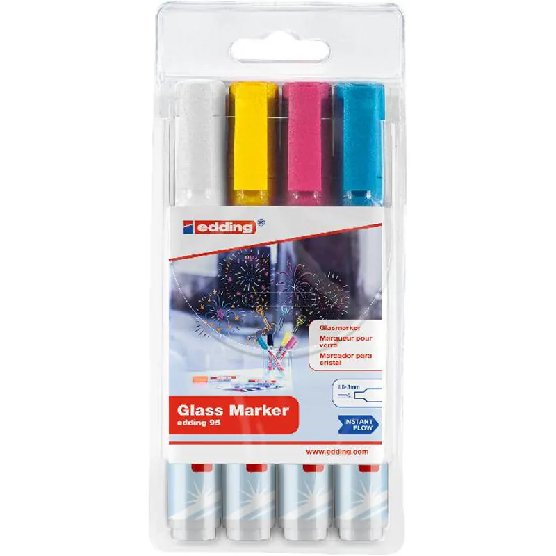 Glasboardmarker edding 95 - farbig sortiert 1,5-3 mm Rundspitze non-permanent nicht nachfüllbar 4er-Set