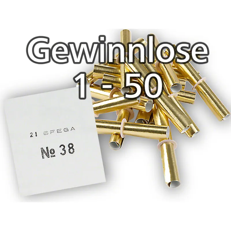 gold-glänzende Röllchenlose mit Pappringverschluß, Nummernsatz von 1-50