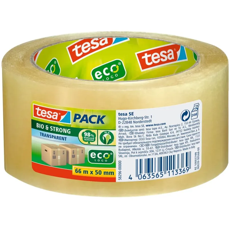 GP: 0,12 EUR/m tesa PACK bio & strong - Stark haftendes Paketband aus 98 % biobasiertem Material - Nachhaltig und recyclingfreundlich - Transparent - 66 m x 50 mm