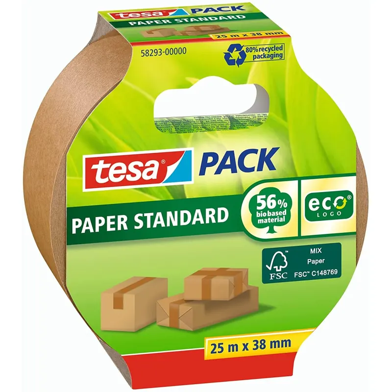 GP: 0,12 EUR/m tesa PACK Standard-Umweltschonendes Paketband aus Papier, 56% biobasiertes Material, Paper, braun, 25m x 38mm