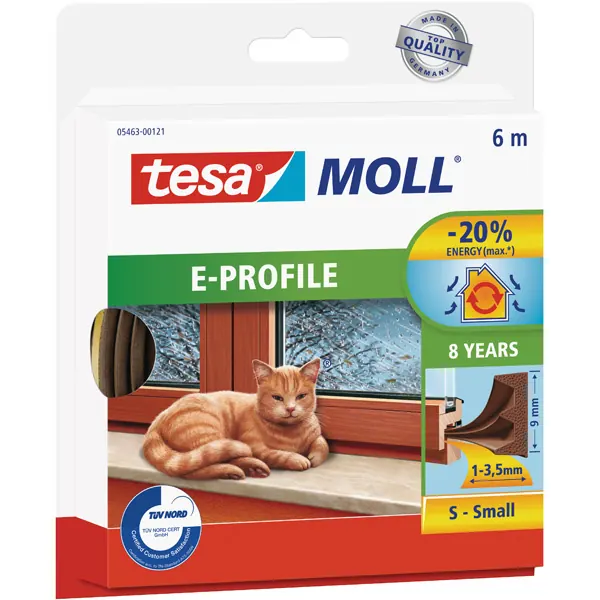 Gummidichtung tesa tesamoll E-Profil 5463 - 6 m x 9 mm x 4 mm braun selbstklebend für 1-3,5 mm Spalten