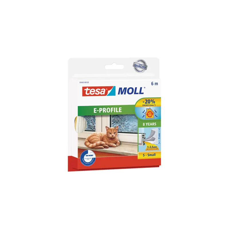 Gummidichtung tesa tesamoll E-Profil 5463 - 6 m x 9 mm x 4 mm weiß selbstklebend für 1-3,5 mm Spalten