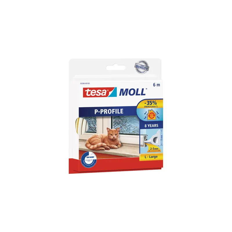 Gummidichtung tesa tesamoll P-Profil 5390 - 6 m x 9 mm x 5,5 mm weiß selbstklebend für 2-5 mm Spalten