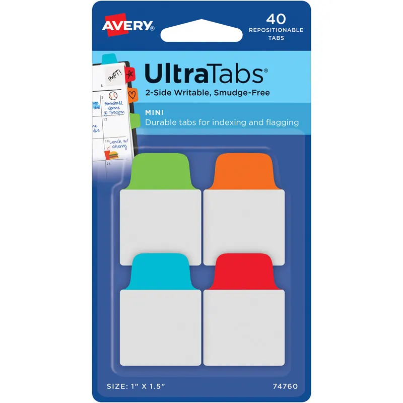 Haftstreifen Avery Zweckform UltraTabs 74760 - 25,4 x 38,1 mm grün, blau, rot, orange Beschreibbare Taben ablösbar beidseitig beschriftbar Polyester mit papierbeschichteter Lasche Pckg/40