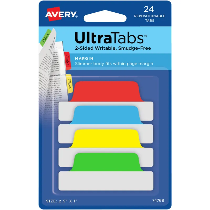 Haftstreifen Avery Zweckform UltraTabs 74768 - 63,5 x 25,4 mm grün, gelb, rot, blau Beschreibbare Taben ablösbar beidseitig beschriftbar Polyester mit papierbeschichteter Lasche Pckg/24