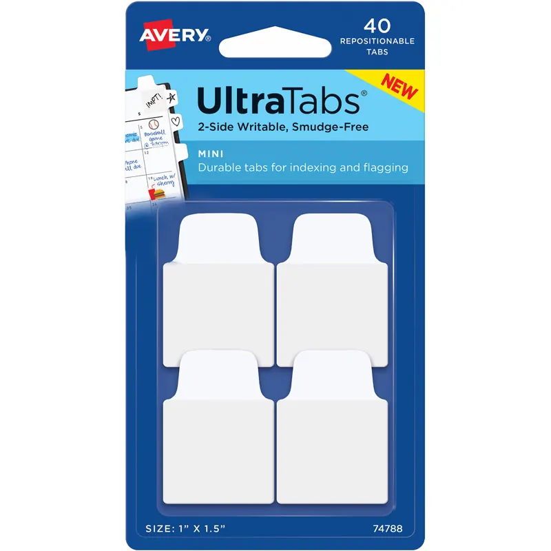 Haftstreifen Avery Zweckform UltraTabs 74788 - 25,4 x 38,1 mm weiß Beschreibbare Taben ablösbar beidseitig beschriftbar Polyester mit papierbeschichteter Lasche Pckg/40