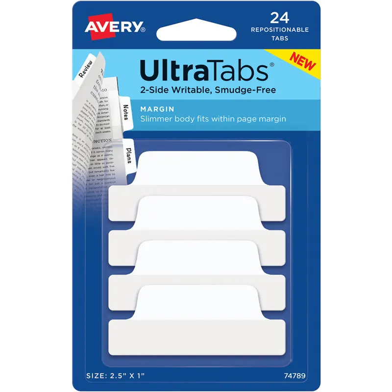 Haftstreifen Avery Zweckform UltraTabs 74789 - 63,5 x 25,4 mm weiß Beschreibbare Taben ablösbar beidseitig beschriftbar Polyester mit papierbeschichteter Lasche Pckg/24