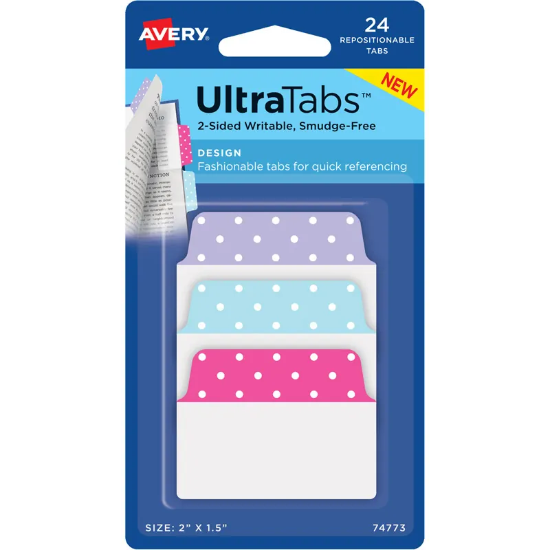 Haftstreifen Avery Zweckform UltraTabs Design 74773 - 50,8 x 38,1 mm hellblau, blau, lavendel Beschreibbare Taben ablösbar beidseitig beschriftbar Polyester mit papierbeschichteter Lasche Pckg/24