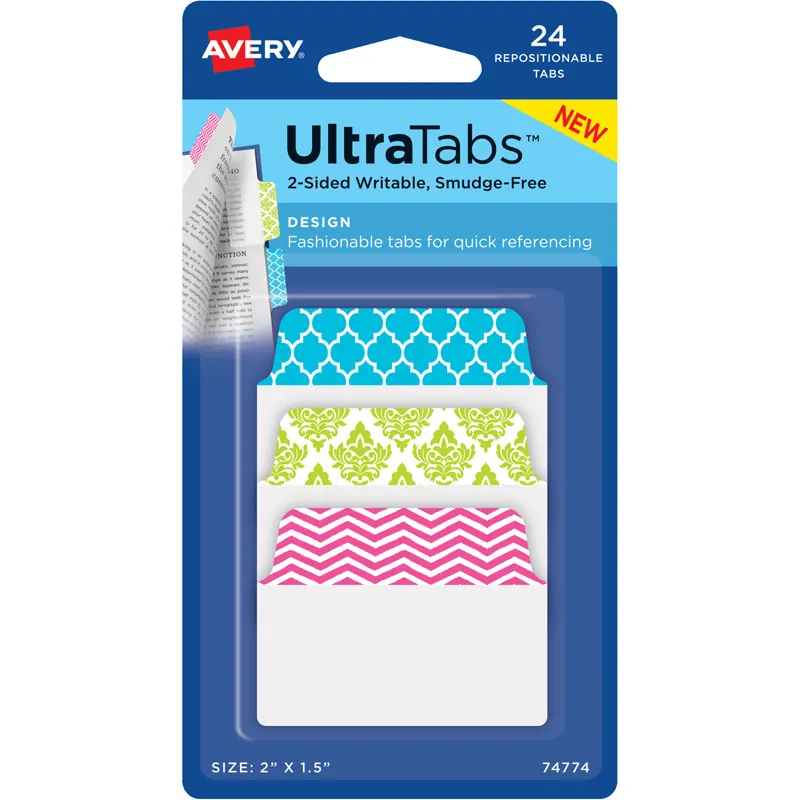 Haftstreifen Avery Zweckform UltraTabs Design 74774 - 50,8 x 38,1 mm blau, grün, rosa Beschreibbare Taben ablösbar beidseitig beschriftbar Polyester mit papierbeschichteter Lasche Pckg/24