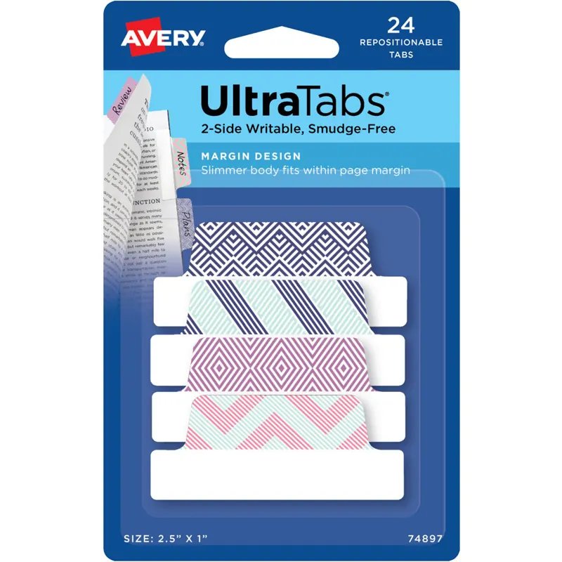 Haftstreifen Avery Zweckform UltraTabs Design 74897 - 63,5 x 25,4 mm blau, grün, rosa, lavendel Beschreibbare Taben ablösbar beidseitig beschriftbar Polyester mit papierbeschichteter Lasche Pckg/24