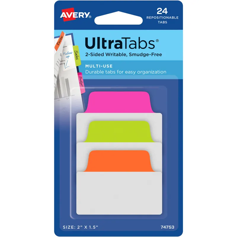 Haftstreifen Avery Zweckform UltraTabs Neon 74753 - 50,8 x 38,1 mm neongrün, neonorange, neonpink Beschreibbare Taben ablösbar beidseitig beschriftbar Polyester mit papierbeschichteter Lasche Pckg/24