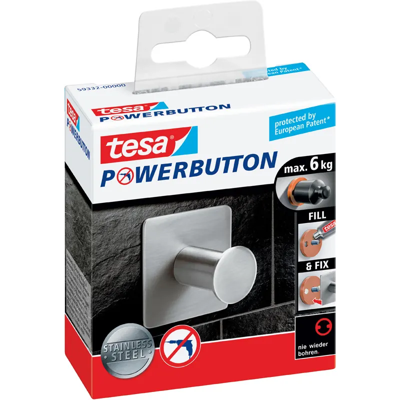 Haken tesa Powerbutton Classic 59332 - eckig chrom matt bis 6 kg für glatte Oberflächen Edelstahl
