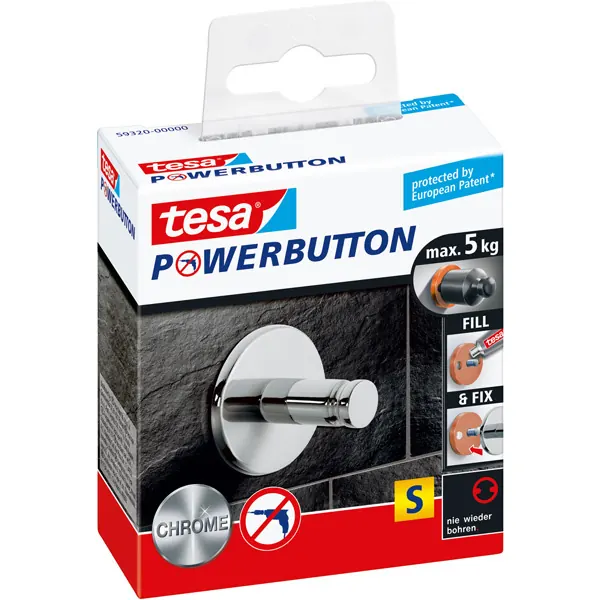 Haken tesa Powerbutton Universal 59320 - 82 x 87 mm chrom gläzend bis 5 kg für glatte Oberflächen Edelstahl