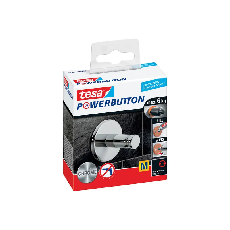 Haken tesa Powerbutton Universal 59321 - 82 x 87 mm chrom gläzend bis 6 kg für glatte Oberflächen Edelstahl
