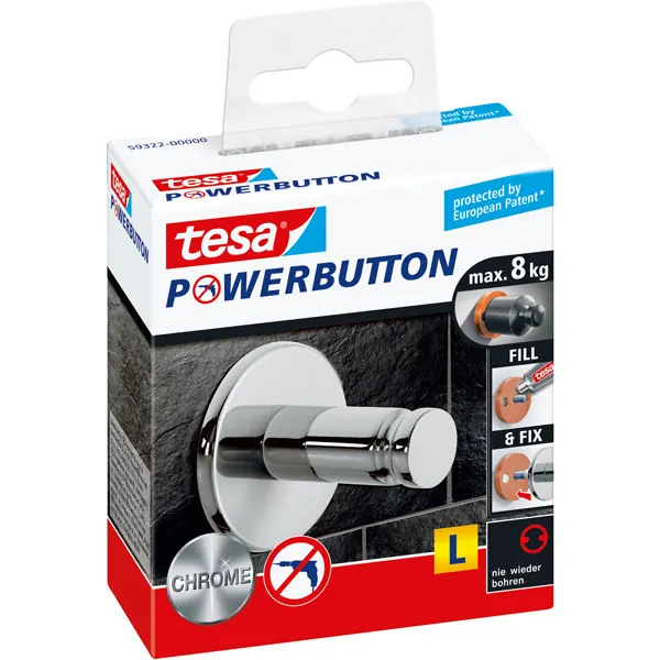 Haken tesa Powerbutton Universal 59322 - 82 x 87 mm chrom gläzend bis 8 kg für glatte Oberflächen Edelstahl
