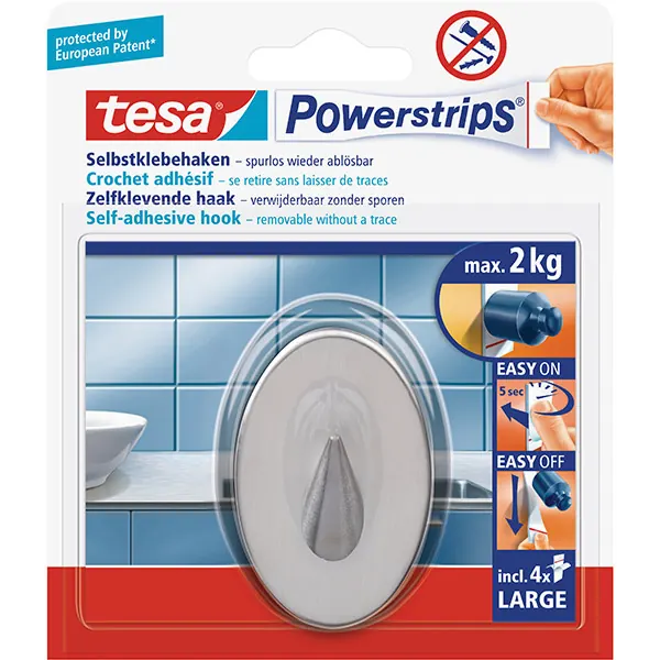 Haken tesa Powerstrips 58121 - rund Edelstahl bis 2 kg für glatte Oberflächen Metall