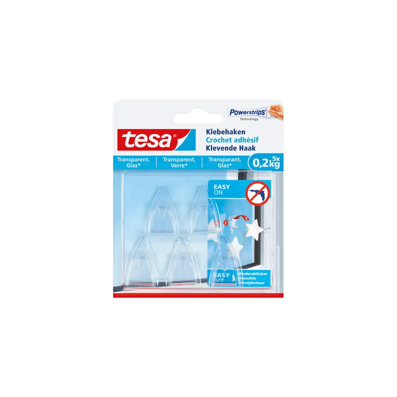 Haken tesa Powerstrips 77734 - eckig transparent bis 0,2 kg für transparente Oberflächen & Glas Kunststoff Pckg/5