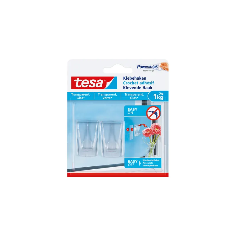 Haken tesa Powerstrips 77735 - eckig transparent bis 1 kg für transparente Oberflächen & Glas Kunststoff Pckg/2