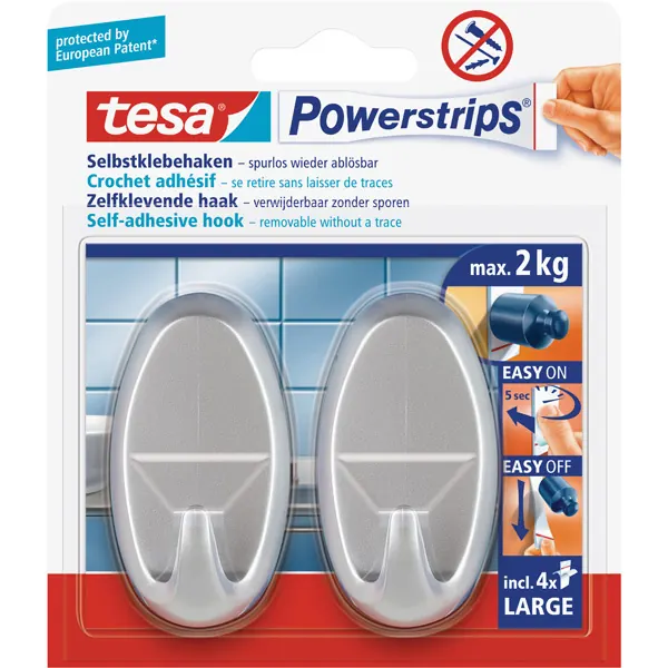 Haken tesa Powerstrips Large 58063 - oval matt-chrom bis 2 kg für glatte Oberflächen Kunststoff Pckg/2