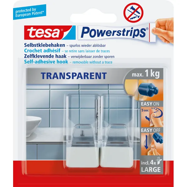 Haken tesa Powerstrips Large 58811 - eckig transparent bis 1 kg für glatte Oberflächen Kunststoff Pckg/2