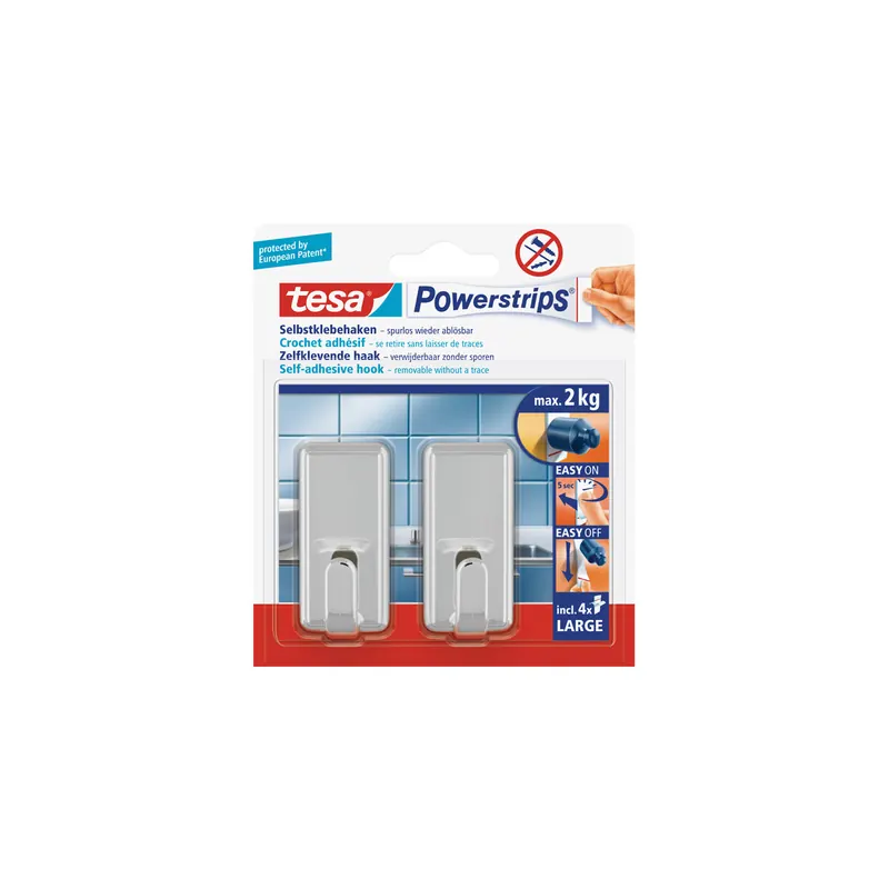 Haken tesa Powerstrips Large Classic 58051 - eckig chrom bis 2 kg für glatte Oberflächen Kunststoff Pckg/2