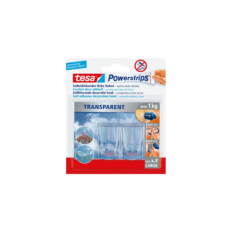 Haken tesa Powerstrips Large Deco 58813 - eckig transparent bis 1 kg für glatte Oberflächen Kunststoff Pckg/2