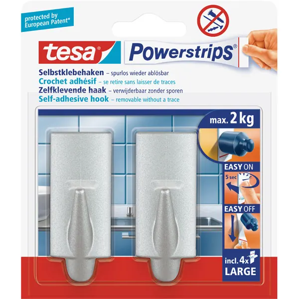 Haken tesa Powerstrips Large Trend 58055 - eckig chrom bis 2 kg für glatte Oberflächen Kunststoff Pckg/2
