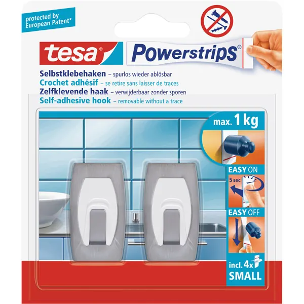 Haken tesa Powerstrips Small 57999 - konvex metallic-weiß bis 1 kg für glatte Oberflächen Edelstahl/Kunststoff Pckg/2
