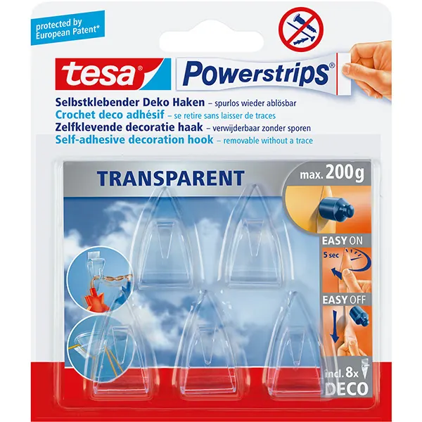 Haken tesa Powerstrips Small Deco 58900 - eckig transparent bis 0,2 kg für glatte Oberflächen Kunststoff Pckg/5