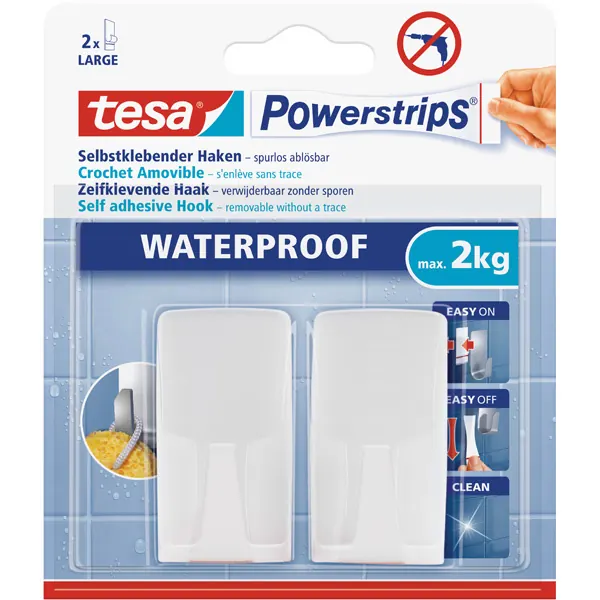 Haken tesa Powerstrips Waterproof 59701 - eckig weiß bis 2 kg für Badezimmer Kunststoff Pckg/2