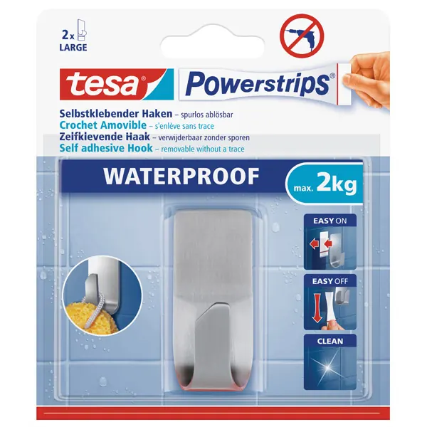 Haken tesa Powerstrips Waterproof 59707 - eckig Edelstahl bis 2 kg für Badezimmer Metall