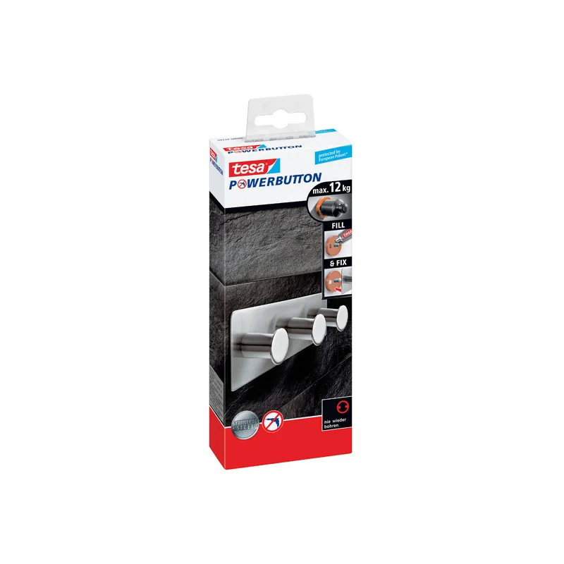Hakenleiste tesa Powerbutton Classic 59334 - 82 x 192 mm matt-chrom bis 12 kg für glatte Oberflächen Edelstahl