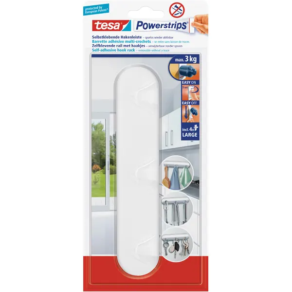 Hakenleiste tesa Powerstrips 58094 - 41,3 x 200,2 mm weiß bis 3 kg für glatte Oberflächen Edelstahl