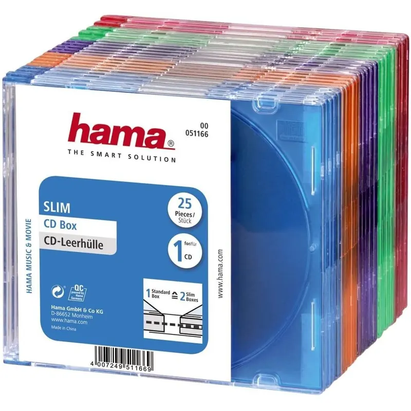 Hama CD-ROM Slim Box (platzsparend, auch für DVD und Blu-ray geeignet, fünf verschiedene Farben) 25er Pack
