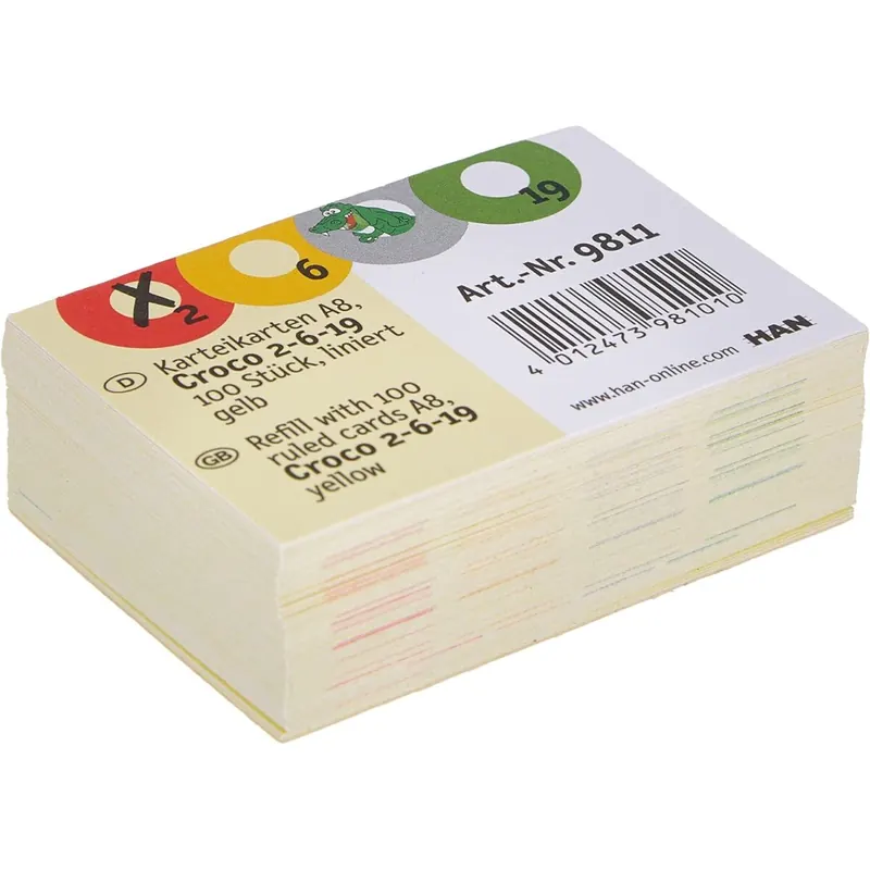 HAN Karteikarten CROCO 2-6-19 – 1 PACK à 100 STÜCK, Karteikarten liniert, 190 g/m², gelb, 9811