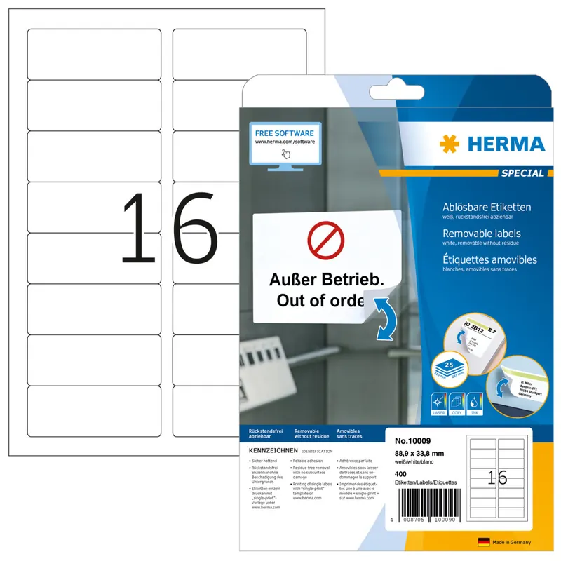 HERMA 10009 Universal Etiketten ablösbar, 25 Blatt, 88,9 x 33,8 mm, 16 pro A4 Bogen, 400 Stück, selbstklebend, bedruckbar, matt, blanko Papier Klebeetiketten Aufkleber, weiß