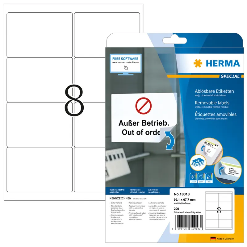 HERMA 10018 Universal Etiketten blickdicht ablösbar, 25 Blatt, 99,1 x 67,7 mm, 8 pro A4 Bogen, 200 Stück, selbstklebend, bedruckbar, matt, blanko Papier Klebeetiketten Aufkleber, weiß