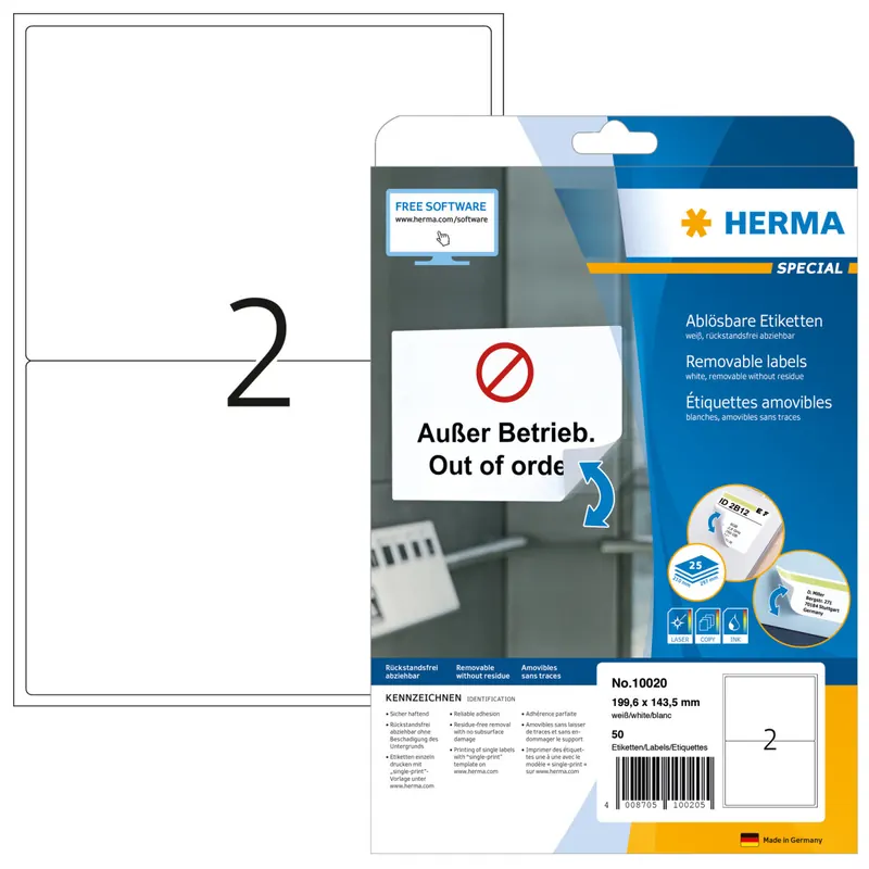 HERMA 10020 Universal Etiketten ablösbar, 25 Blatt, 199,6 x 143,5 mm, 2 pro A4 Bogen, 50 Stück, selbstklebend, bedruckbar, matt, blanko Papier Klebeetiketten Aufkleber, weiß