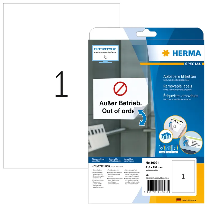 HERMA 10021 Universal Etiketten ablösbar, 25 Blatt, 210 x 297 mm, 1 pro A4 Bogen, 25 Stück, selbstklebend, bedruckbar, matt, blanko Papier Klebeetiketten Aufkleber, weiß