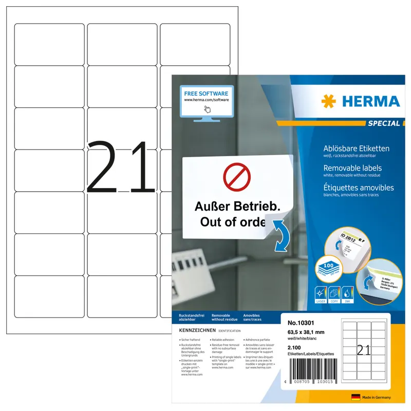 HERMA 10301 Universal Etiketten ablösbar, 100 Blatt, 63,5 x 38,1 mm, 21 pro A4 Bogen, 2100 Stück, selbstklebend, bedruckbar, matt, blanko Papier Klebeetiketten Aufkleber, weiß