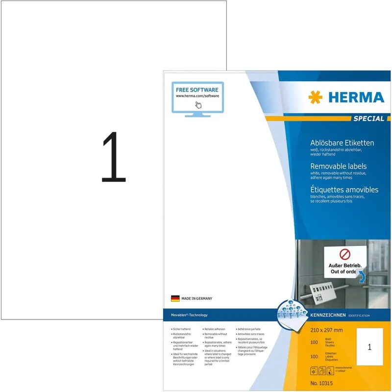 HERMA 10315 Universal Etiketten ablösbar, 100 Blatt, 210 x 297 mm, 1 pro A4 Bogen, 100 Stück, selbstklebend, bedruckbar, matt, blanko Papier Klebeetiketten Aufkleber, weiß