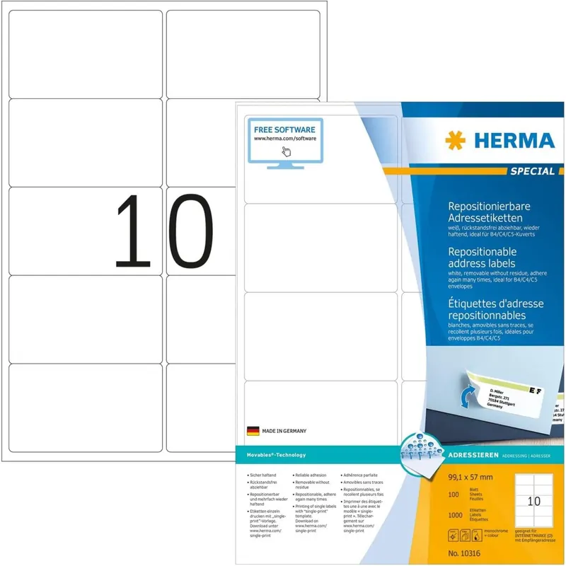 HERMA 10316 Universal Etiketten ablösbar, 100 Blatt, 99,1 x 57 mm, 10 pro A4 Bogen, 1000 Stück, selbstklebend, bedruckbar, matt, blanko Papier Klebeetiketten Aufkleber, weiß