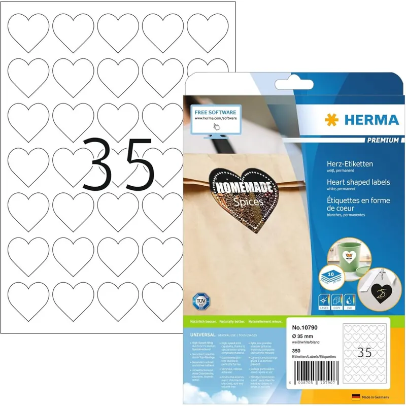 HERMA 10790 Herz Etiketten, 350 Stück, Ø 35 mm, 35 pro A4 Bogen, selbstklebend, bedruckbar, matt, blanko Papier Klebeetiketten Aufkleber in Herzform, weiß