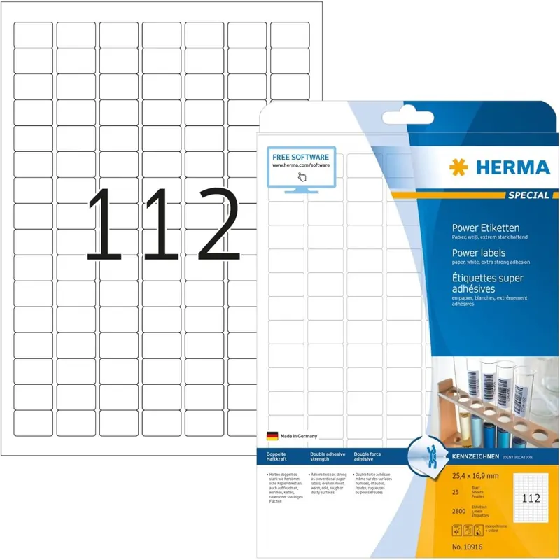 HERMA 10916 Power Etiketten, 25 Blatt, 25,4 x 16,9 mm, 112 pro A4 Bogen, 2800 Stück, selbstklebend, bedruckbar, extrem stark haftend, blanko Papier Klebeetiketten Aufkleber, weiß