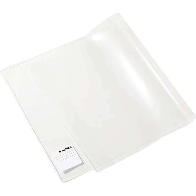 HERMA 14210 Buchumschlag 21 x 38 cm Basic, Buchhülle mit Beschriftungsetikett & Kantenschutz aus abwischbarer Polypropylen-Folie, Buchschoner für Schulbücher, transparent