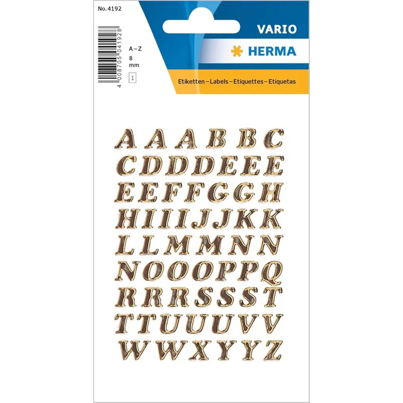 HERMA 4192 Buchstaben Aufkleber Gold, 61 Stück, Schriftgröße 8 mm, selbstklebend, klein, Alphabet Sticker Klebebuchstaben A-Z aus Glitzer-Folie zum Aufkleben