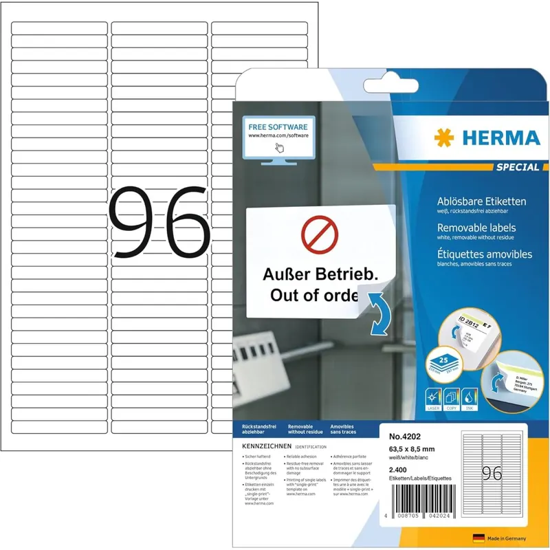 HERMA 4202 Universal Etiketten ablösbar, 25 Blatt, 63,5 x 8,5 mm, 96 pro A4 Bogen, 2400 Stück, selbstklebend, bedruckbar, matt, blanko Papier Klebeetiketten Aufkleber, weiß